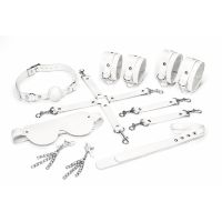 Набор для БДСМ из 7-ти предметов натуральная кожа белого цвета Feral Feelings BDSM Kit 7 наручники, поножи, коннектор, маска, паддл, кляп, зажимы