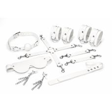 Набор для БДСМ из 7-ти предметов натуральная кожа белого цвета Feral Feelings BDSM Kit 7 наручники, поножи, коннектор, маска, паддл, кляп, зажимы
