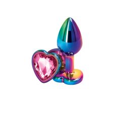 Анальна пробка райдужна з рожевим камінчиком за формою серця NS Novelties Rear Assets - Multicolor Heart размер Small