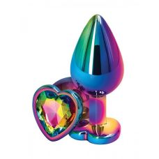 Анальна металева пробка з камінчиком у формі серця райдужна різнокольорова NS Novelties Rear Assets розмір S