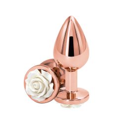 Анальний металевий затор золотистого кольору з білою трояндою в основі NS Novelties Rose medium