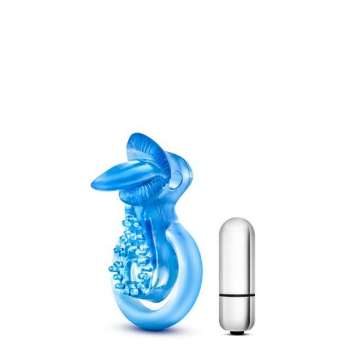Эрекционное виброкольцо для продления секса голубого цвета STAY HARD TONGUE COCK RING