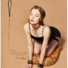 Повідець БДСМ з італійської шкіри та металевого ланцюга золотистого кольору Upko Leather Cosplay Leash