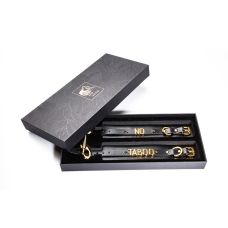 Наручники із золотистою фурнітурою та написом Nо Taboo БДСМ з італійської шкіри чорного кольору Upko