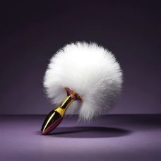 Анальная пробка металлическая золотистого цвета с белым хвостиком Upko Rabbit Fur Bunny Tail Small Butt Plug