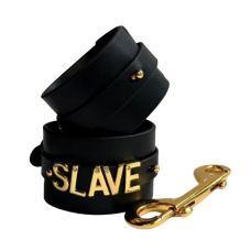 Наручники з написом Slave із італійської шкіри чорні із золотою фурнітурою UPKO