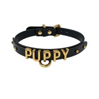 Чокер із написом PUPPY з італійської шкіри чорний із золотою фурнітурою UPKO