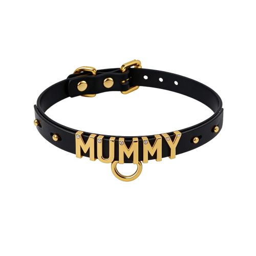 Чокер із написом MOMMY з італійської шкіри чорний із золотою фурнітурою UPKO