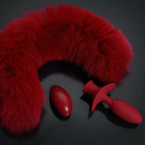 Анальная вибропробка с ротацией и пультом управления с натуральным лисьим хвостом красная UPKO 