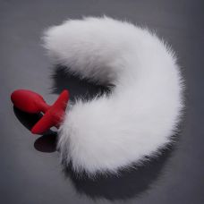 Анальная вибропробка с ротацией и пультом управления красная с белым натуральным лисьим хвостом UPKO 