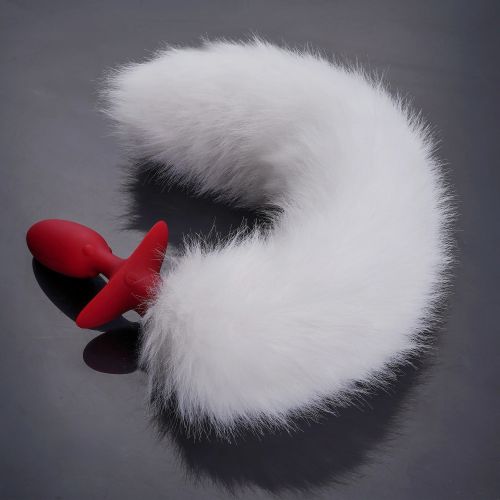 Анальная вибропробка с ротацией и пультом управления красная с белым натуральным лисьим хвостом UPKO 