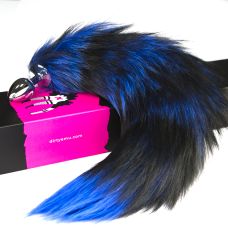 Анальна пробка сріблястого кольору із синім хвостом із натурального хутра Runyu