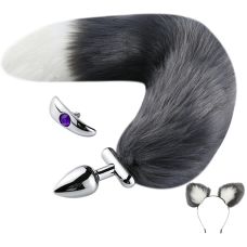 Набір анальний металевий сріблястий корок з хвостом і вушками в комплекті сіро білого кольору і змінною ручкою Runyu Passion She wolf