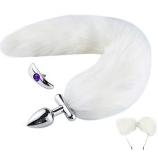 Набір анальний металевий сріблястий корок з хвостом і вушками в комплекті білого кольору і змінною ручкою Runyu Passion Kitty