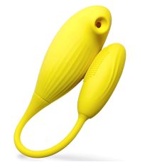 Двойной вибратор Виброяйцо вагинальное с вакуумной клиторальной стимуляцией желтого цвета Tide bird