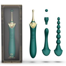 Вібратор універсальний двосторонній з нагріванням у комплекті з 4 насадками для точки G та для клітора та анальних ігор зеленого кольору Zalo Bess 2