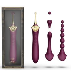Вібратор універсальний двосторонній з нагріванням у комплекті з 4 насадками для точки G та для клітора та анальних ігор фіолетового кольору ZALO Bess 2