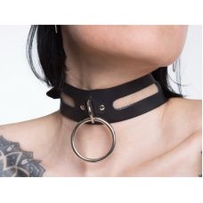 Чокер з металевим кільцем та вирізами з натуральної шкіри чорного кольору Scappa