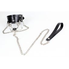 Чокер с заклепками и металлическим поводком из натуральной кожи черного цвета Scappa 