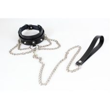 Чокер с шипами и металлическим поводком из натуральной кожи черного цвета Scappa 	