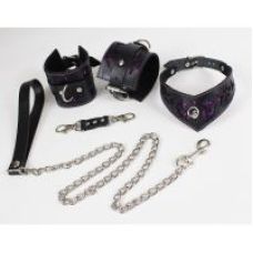 Ажурная система фиксации БДСМ для шеи и рук и ног из натуральной кожи черного цвета с розового узорами Scappa 