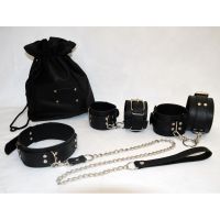 Система фиксации БДСМ для шеи и рук и ног из натуральной кожи черного цвета Scappa 	