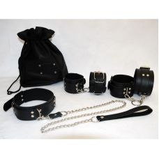 Система фиксации БДСМ для шеи и рук и ног из натуральной кожи черного цвета Scappa 	