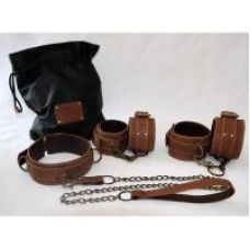 Система фиксации БДСМ для шеи и рук и ног из натуральной кожи коричневого цвета Scappa 