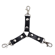 Коннектор для фиксации с тремя карабинами БДСМ из натуральной кожи и металлической фурнитуры черного цвета Scappa