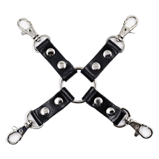 Коннектор для фиксации с четырьмя карабинами БДСМ из натуральной кожи и металлической фурнитуры черного цвета Scappa