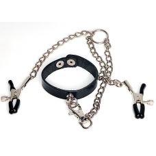 Фиксатор для члена на цепочке с Зажимами для сосков БДСМ из металла и натуральной кожи черного цвета Scappa