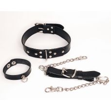 Фиксатор для члена на цепочке поводке с Ошейником БДСМ из натуральной кожи черного цвета Scappa