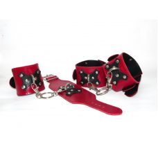 Система фиксации БДСМ для рук и ног из натуральной кожи красного цвета с черными вставками бабочками Scappa 	