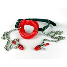 Кляп в рот красные губки с Зажимами для сосков БДСМ из натуральной кожи и металла черного цвета Scappa