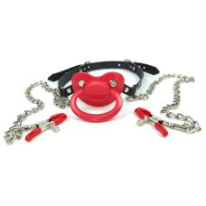 Кляп в рот красная соска с Зажимами для сосков БДСМ из натуральной кожи и металла черного цвета Scappa