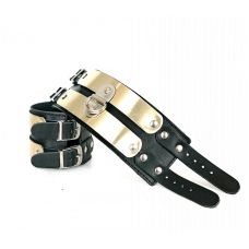 Наручники БДСМ из натуральной кожи черного цвета с золотистыми вставками из латуни Scappa