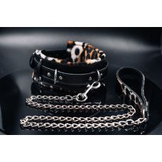 Ошейник с поводком цепочкой БДСМ из натуральной кожи черно леопардового цвета Scappa