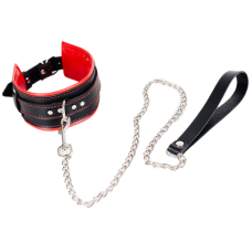 Ошейник с поводком БДСМ из натуральной кожи черного цвета с красным Scappa