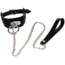 Ошейник БДСМ с поводком из натуральной кожи черного цвета Scappa