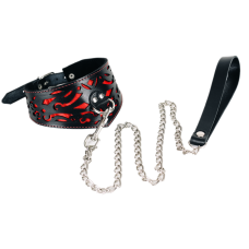 Ажурний нашийник з повідцем БДСМ із натуральної шкіри чорного кольору з червоними вставками Scappa