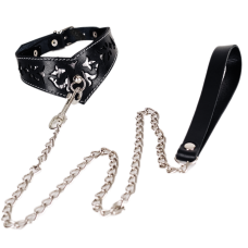 Ажурный ошейник с поводком БДСМ из натуральной кожи черно серебристого цвета Scappa ширина 45 мм