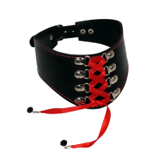 Ошейник на красной шнуровке БДСМ из натуральной кожи черного цвета Scappa