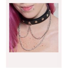 Ошейник с заклепками и цепочкой БДСМ из натуральной кожи черного цвета Scappa