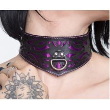 Ажурный широкий ошейник с розовыми вставками БДСМ из натуральной кожи черного цвета Scappa ширина 60 мм