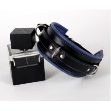 Ошейник с синими строчками БДСМ из натуральной кожи черно синего цвета Scappa