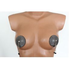 Наклейки на соски с бусинками на цепочке из натуральной кожи черно серебристого цвета Scappa