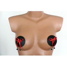 Наклейки на соски с красными бантиками из натуральной кожи черного цвета Scappa